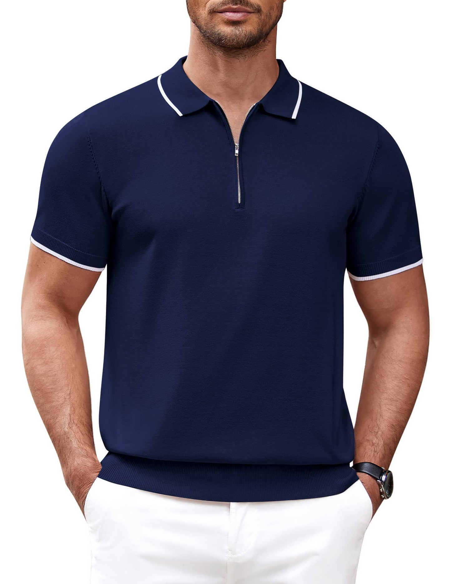 Men's Zipper Polo Shirt Casual Knit Short Sleeve Polo T Shirt Classic Fit Shirts