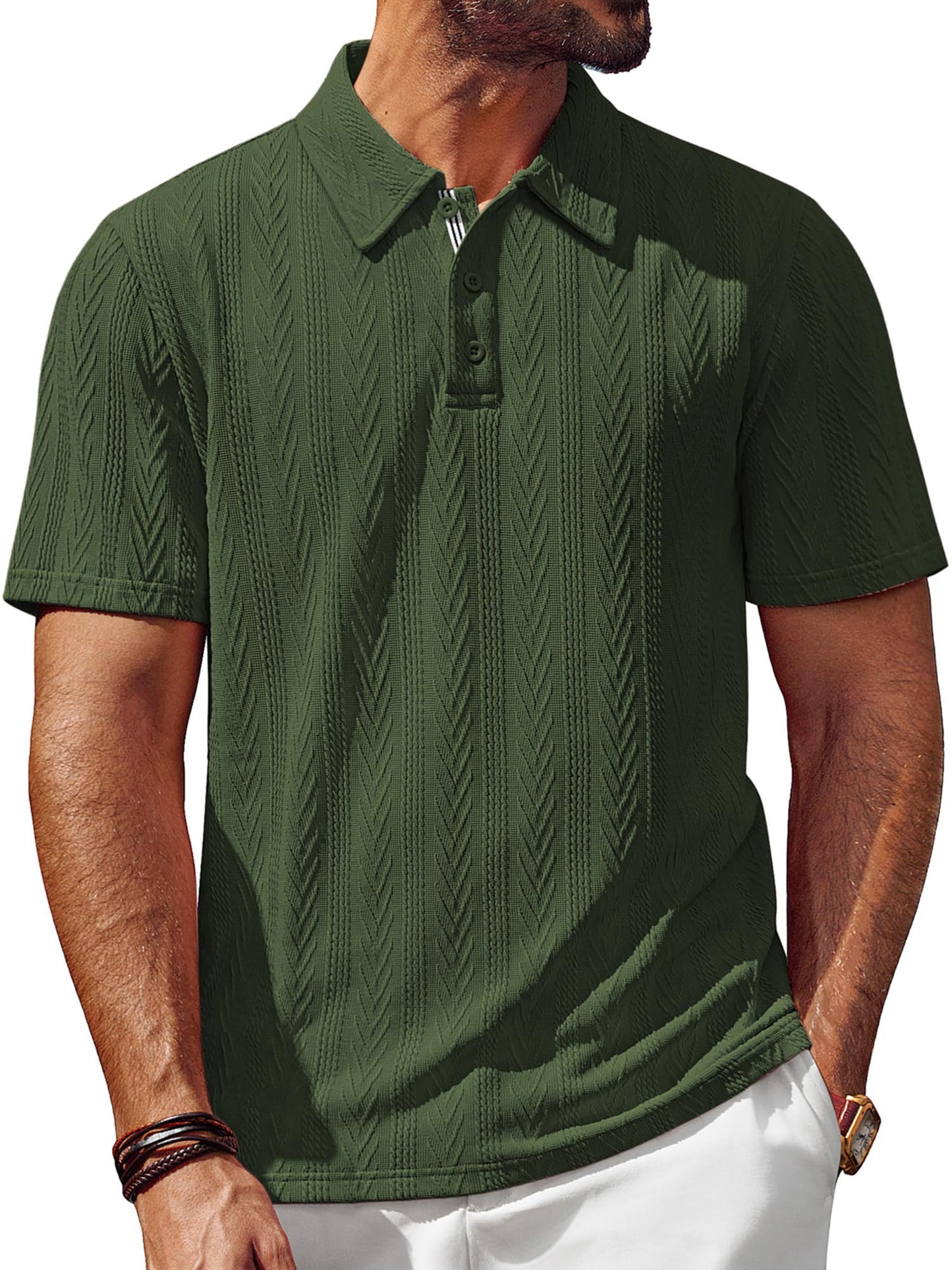 Men's Textured Knit Polo Shirt Short Sleeve Regular Fit Stretch Collared Summer Shirts