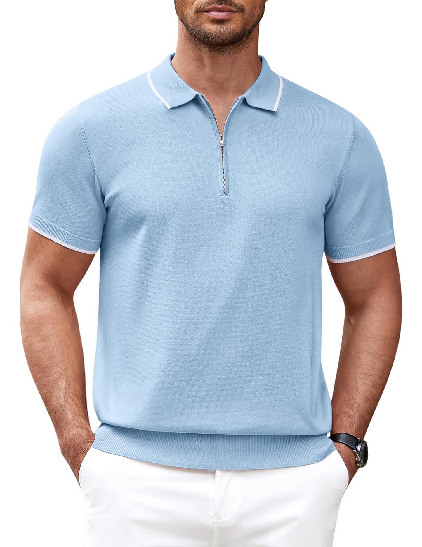 Men's Zipper Polo Shirt Casual Knit Short Sleeve Polo T Shirt Classic Fit Shirts