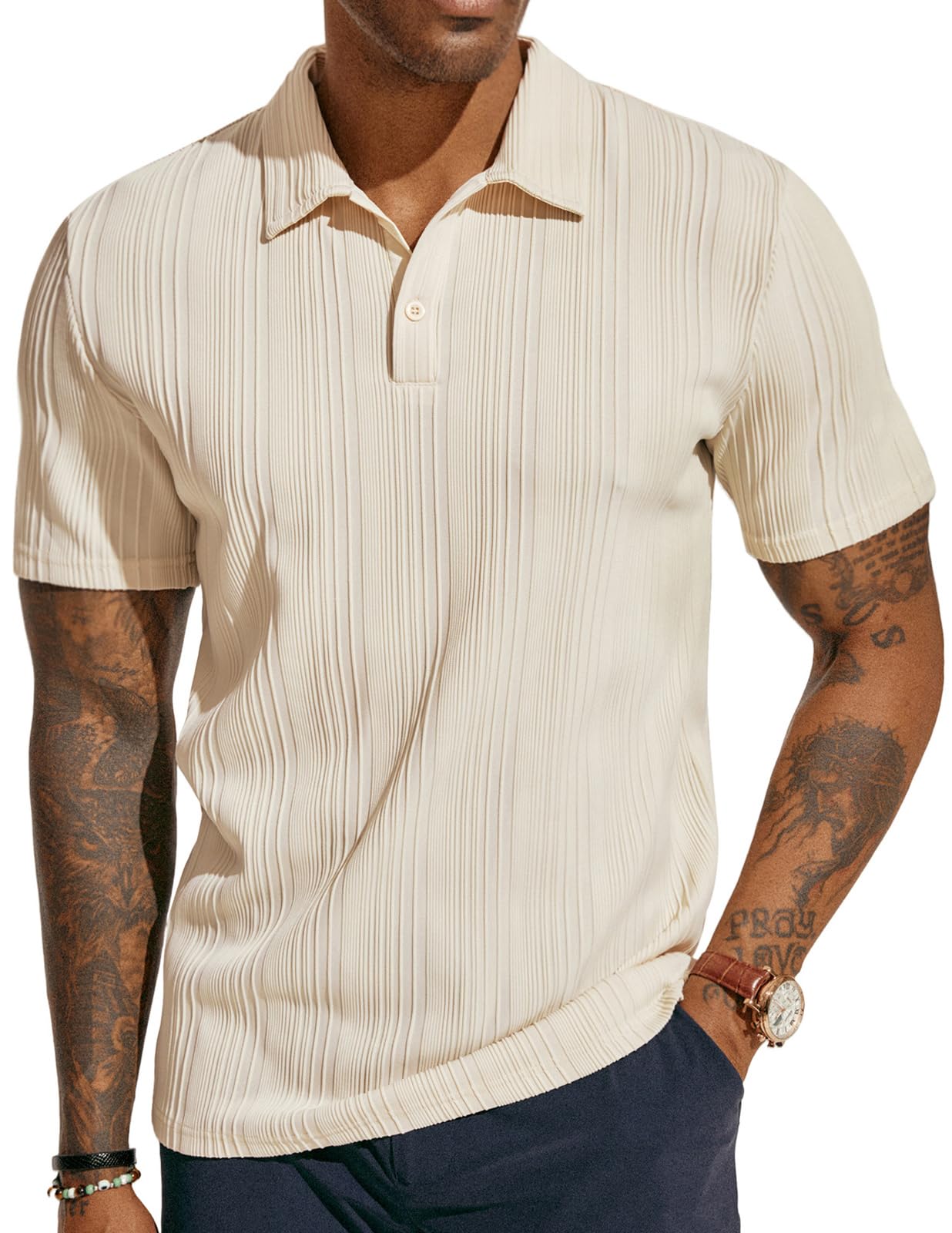 Mens Textured Knit Polo Shirts Regular Fit Stretchy Golf Shirts