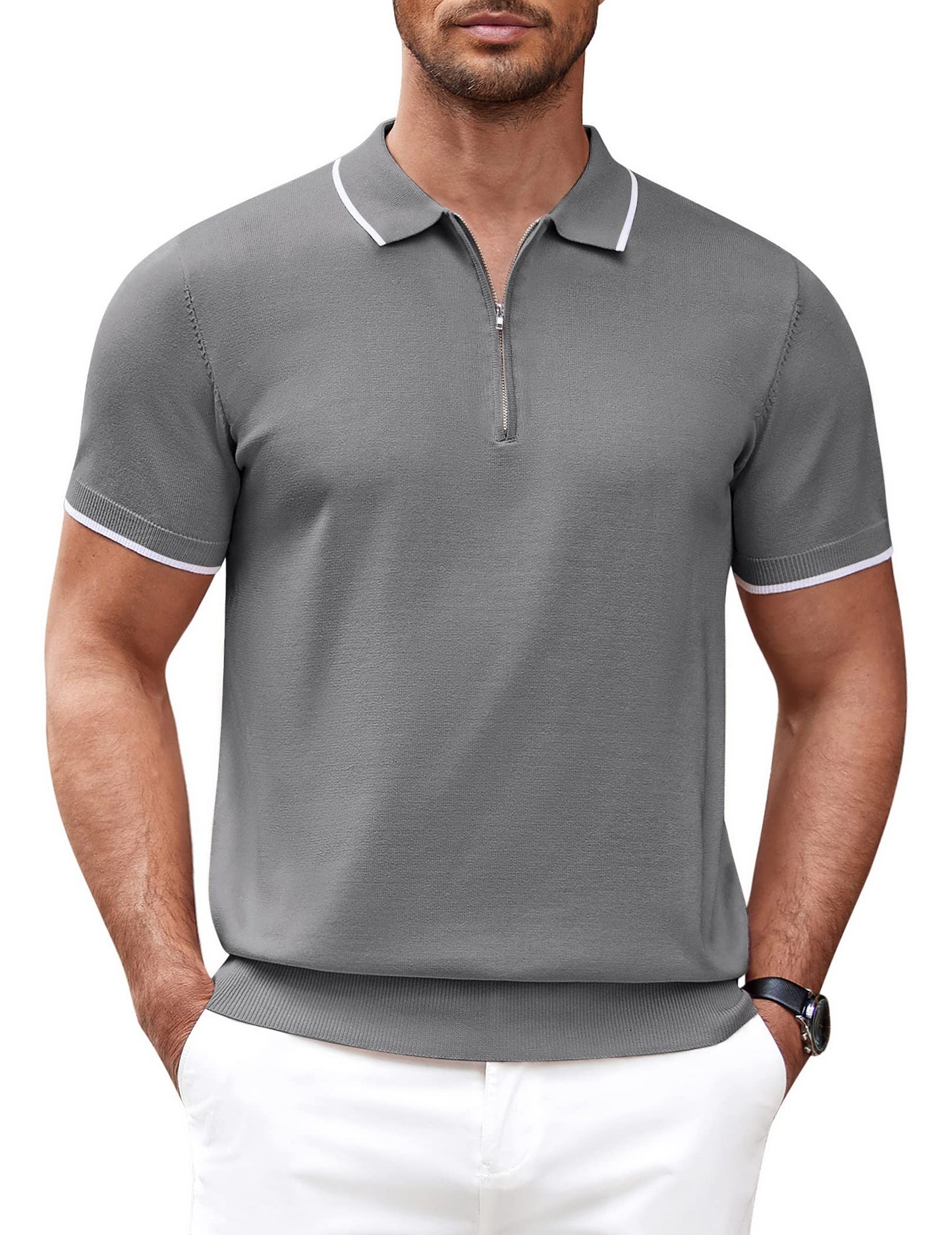 Men's Zipper Polo Shirt Casual Knit Short Sleeve Polo T Shirt Classic Fit Shirts
