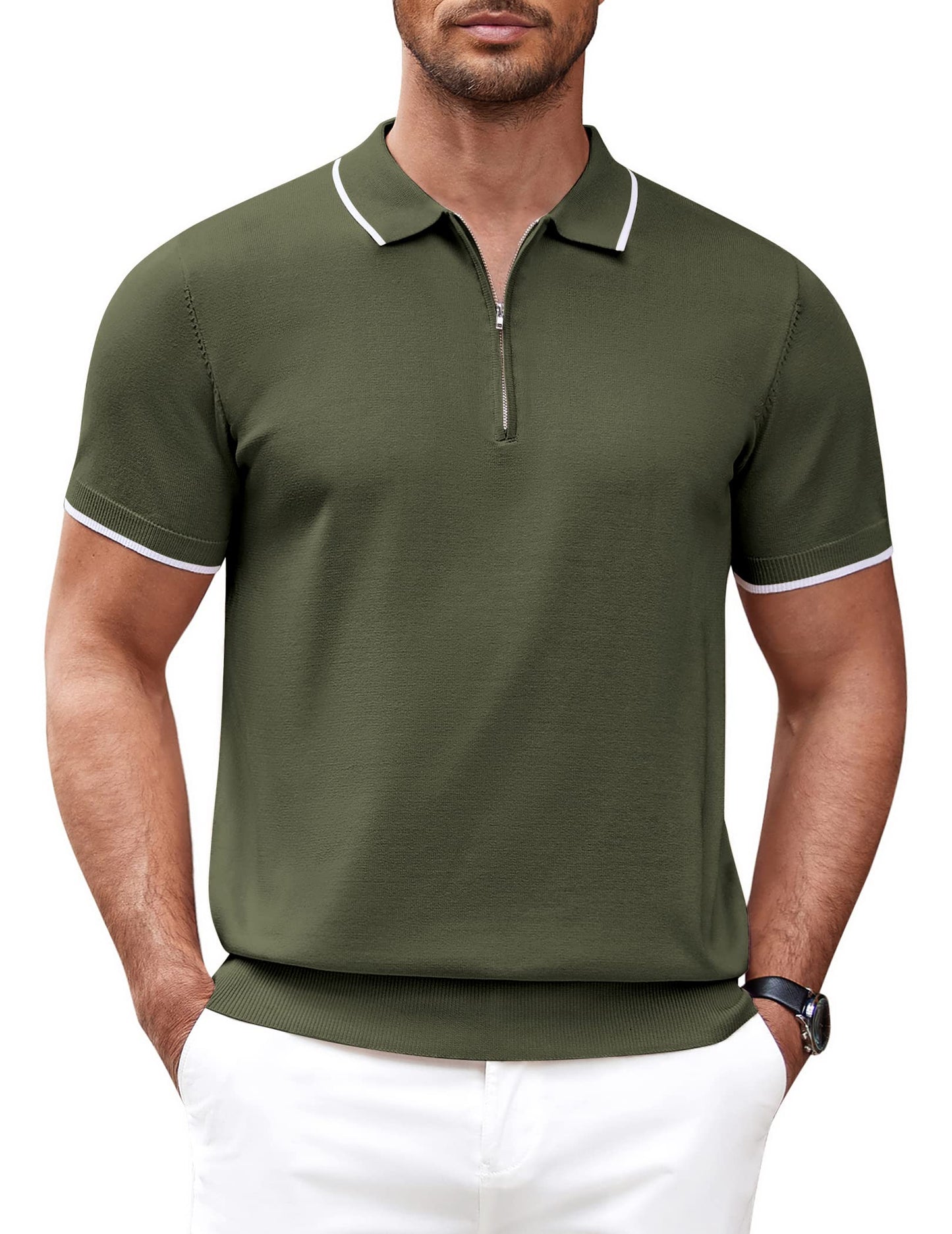Men's Zipper Polo Shirt Casual Knit Short Sleeve Polo T Shirt Classic Fit Shirts