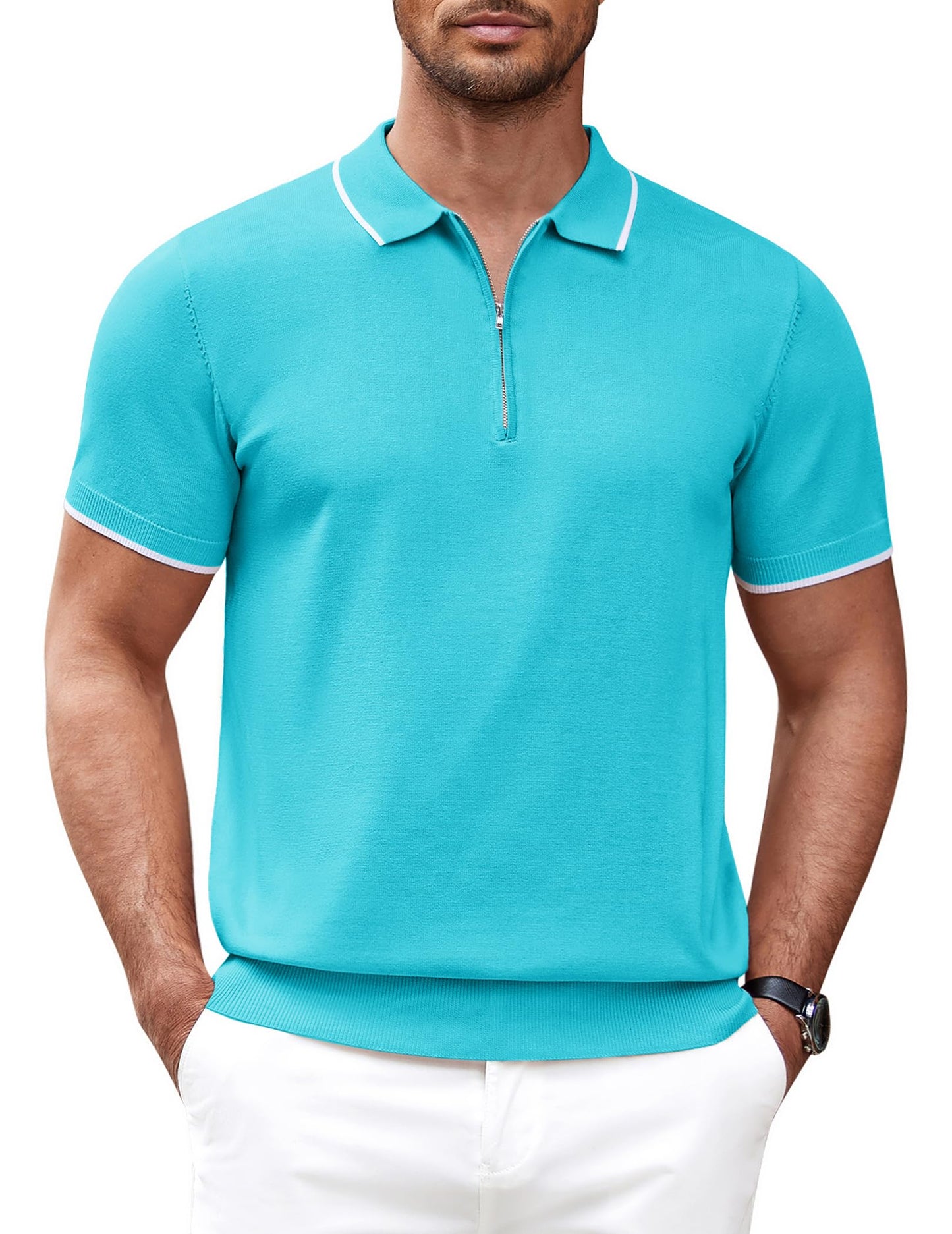 Men's Zipper Polo Shirt Casual Knit Short Sleeve Polo T Shirt Classic Fit Shirts