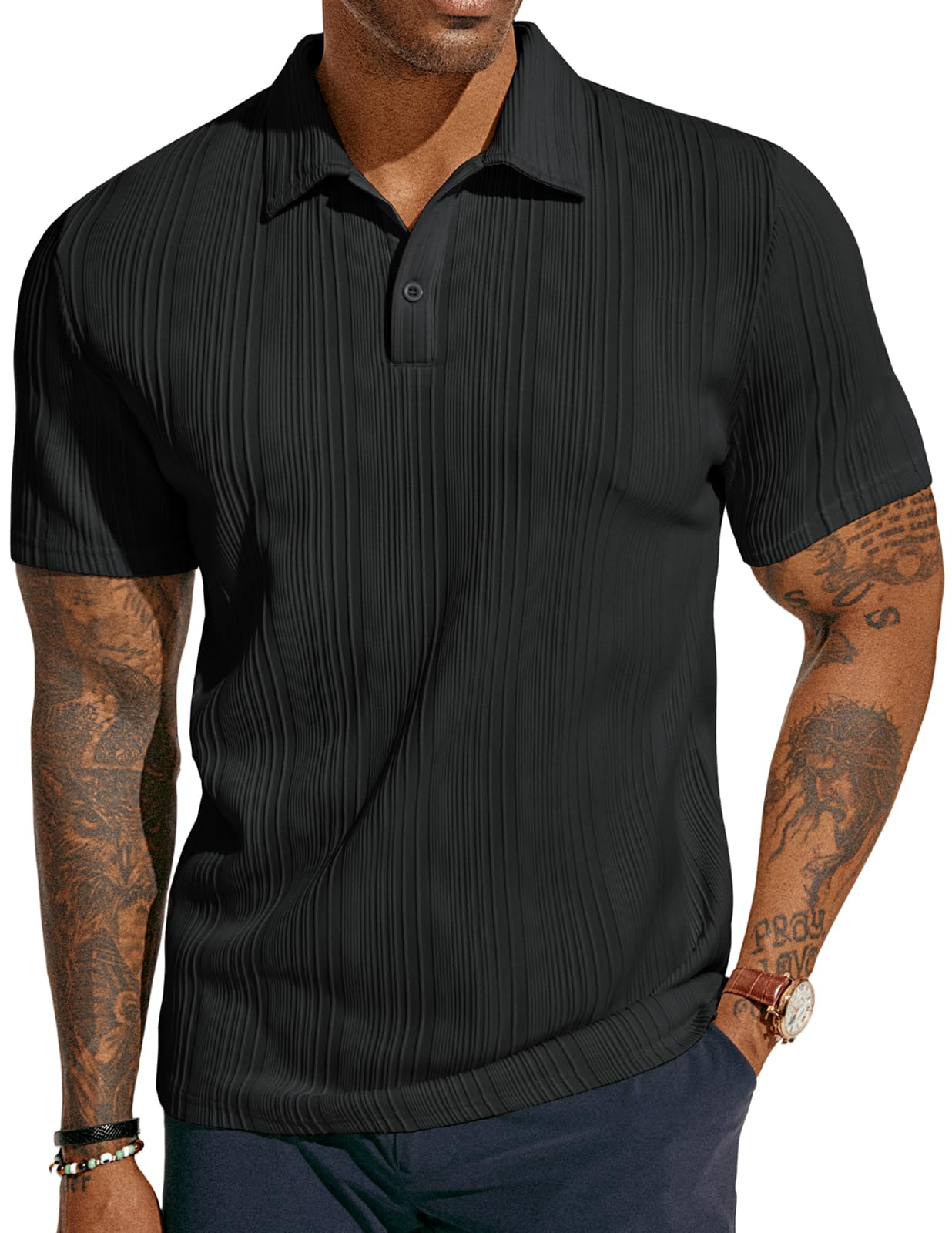 Mens Textured Knit Polo Shirts Regular Fit Stretchy Golf Shirts