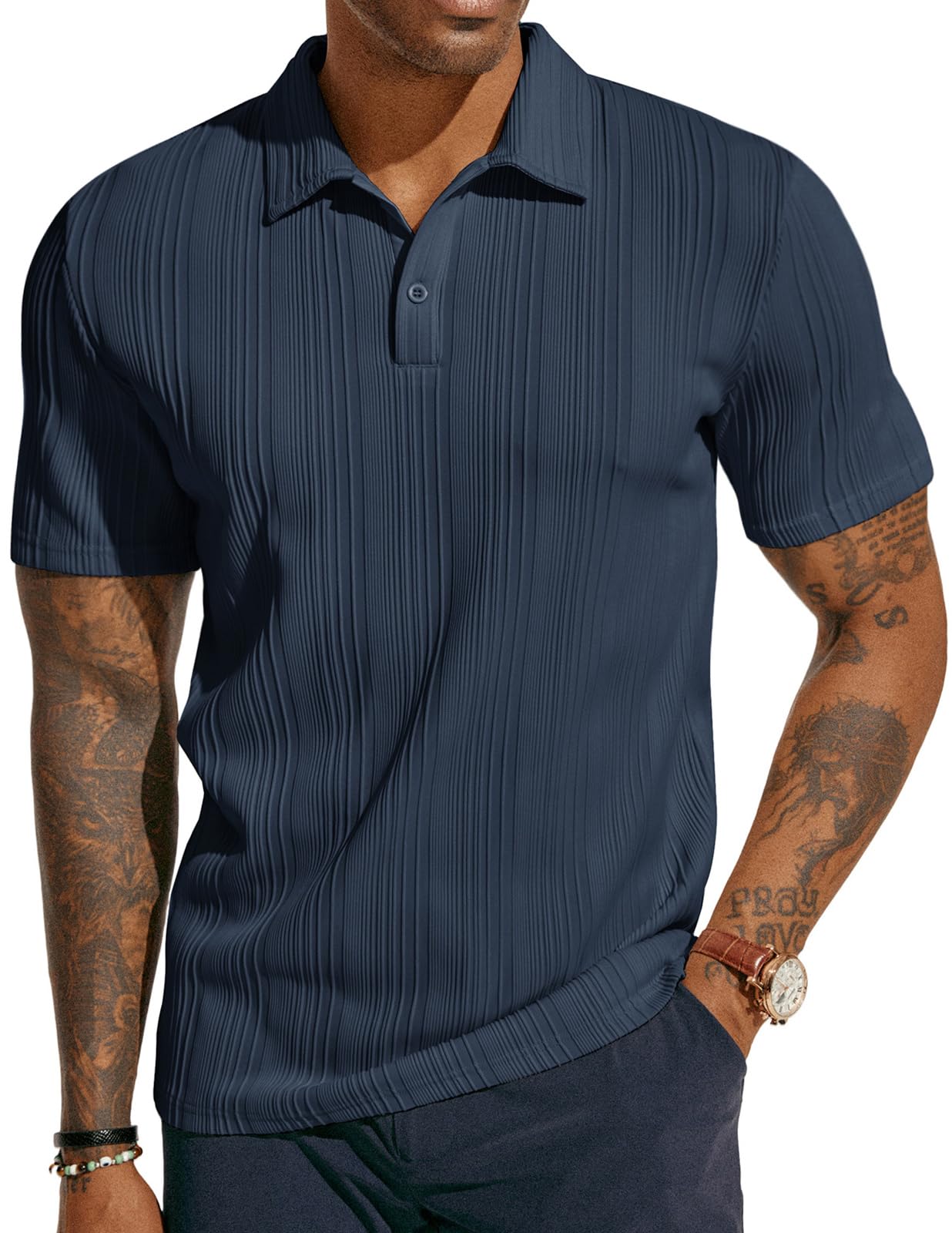 Mens Textured Knit Polo Shirts Regular Fit Stretchy Golf Shirts
