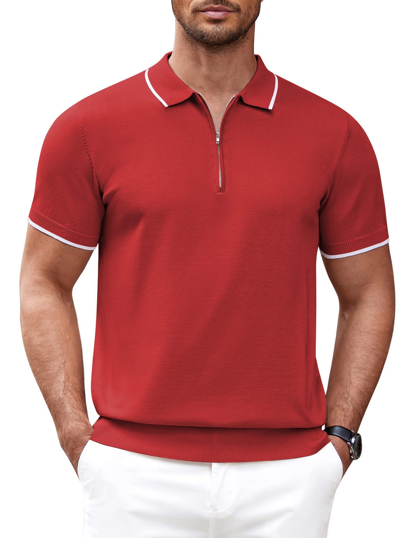 Men's Zipper Polo Shirt Casual Knit Short Sleeve Polo T Shirt Classic Fit Shirts