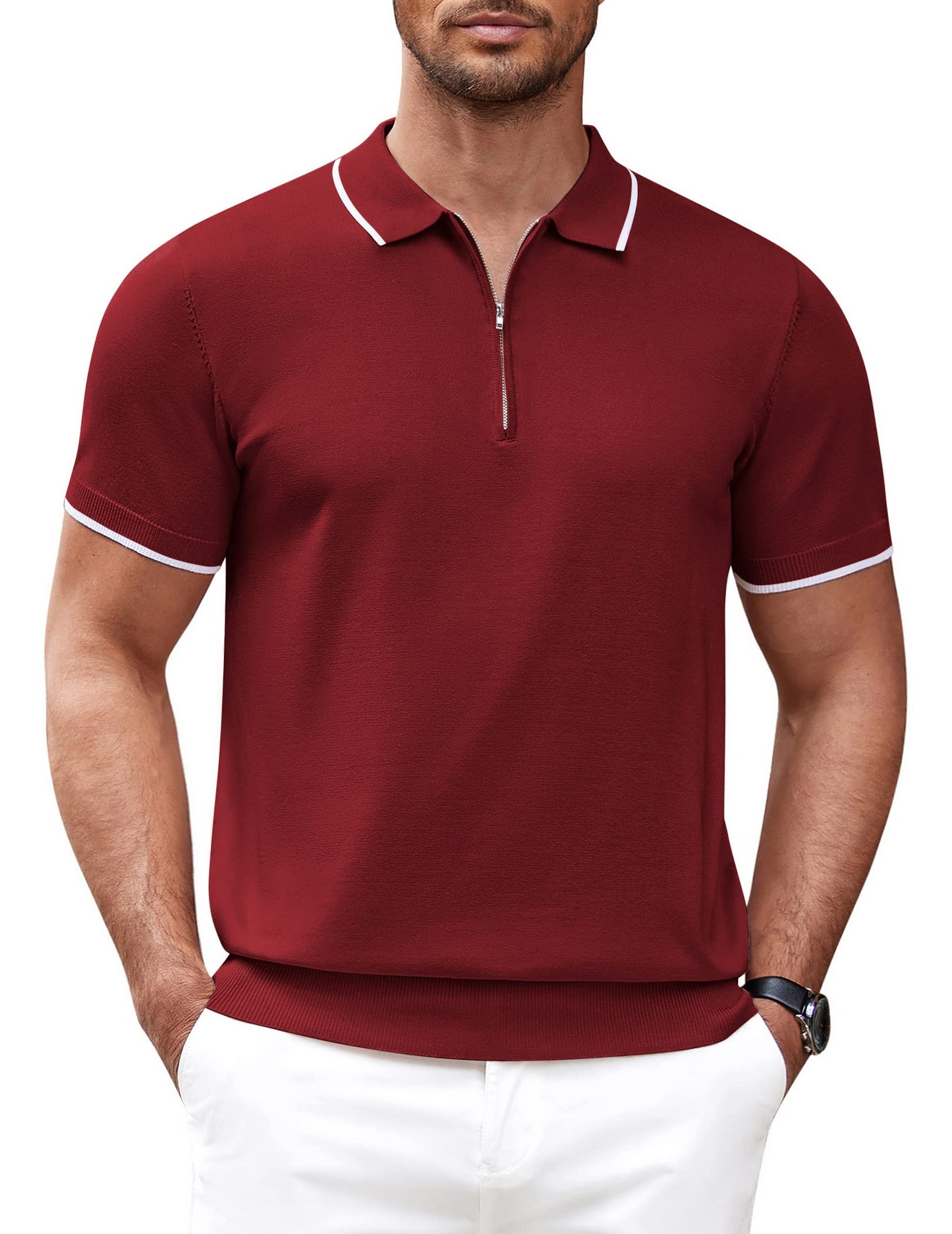 Men's Zipper Polo Shirt Casual Knit Short Sleeve Polo T Shirt Classic Fit Shirts