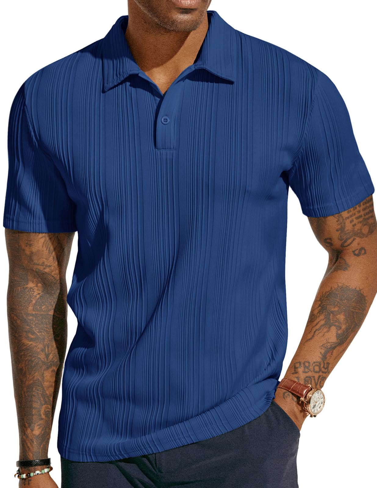 Mens Textured Knit Polo Shirts Regular Fit Stretchy Golf Shirts